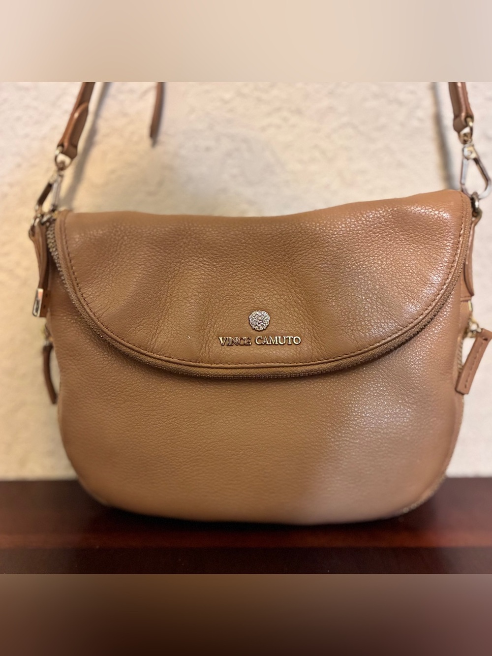 Vince Camuto Camel/Tan Pebbled Genuine Leather Crossbody with Logo Accent